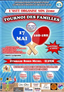 Tournoi des familles, le 17mai, de 10h à 18h au gymnase Roger Michel à Elven. Ouvert à tous